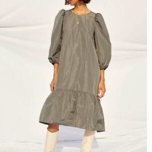 Aritzia WILFRED Sedona Dress Puff sleeve Taffeta Dress in Dry Basil Green Size M